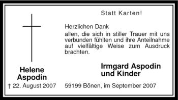 Todesanzeige von Helene Aspodin von WESTFÄLISCHER ANZEIGER