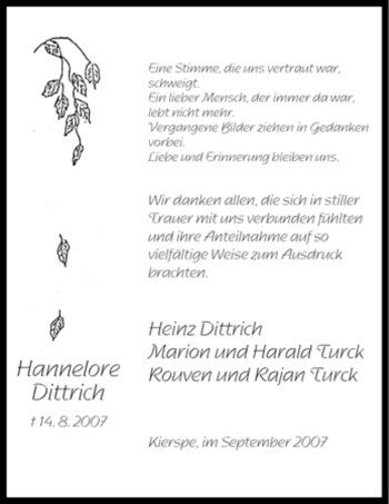 Todesanzeige von Hannelore Dittrich von WESTFÄLISCHER ANZEIGER