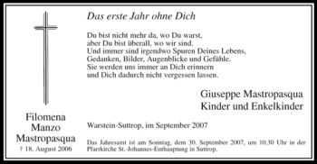 Todesanzeige von Filomena Manzo Mastropasqua von WESTFÄLISCHER ANZEIGER