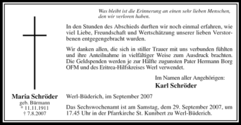 Todesanzeige von Maria Schroeder von WESTFÄLISCHER ANZEIGER