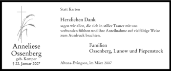 Todesanzeige von Anneliese Ossenberg von WESTFÄLISCHER ANZEIGER