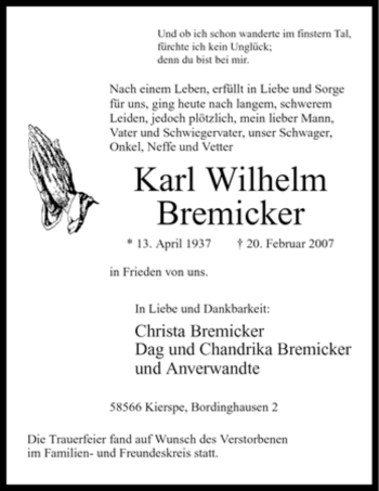 Todesanzeige von Karl Wilhelm Bremicker von WESTFÄLISCHER ANZEIGER