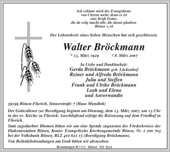 Todesanzeige von Walter Bröckmann von WESTFÄLISCHER ANZEIGER