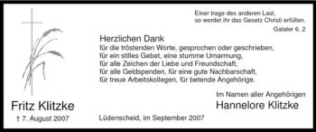 Todesanzeige von Fritz Klitzke von WESTFÄLISCHER ANZEIGER