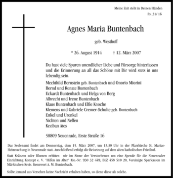 Todesanzeige von Agnes Maria Buntenbach von WESTFÄLISCHER ANZEIGER