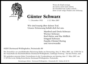Todesanzeige von Günter Schwarz von WESTFÄLISCHER ANZEIGER