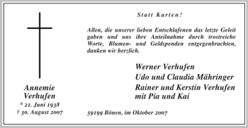 Todesanzeige von Annemie Verhufen von WESTFÄLISCHER ANZEIGER