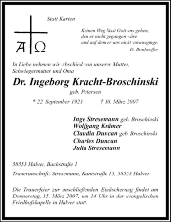 Todesanzeige von Ingeborg Kracht-Broschinski von WESTFÄLISCHER ANZEIGER