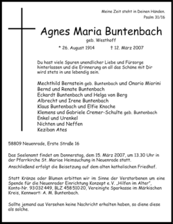 Todesanzeige von Agnes Maria Buntenbach von WESTFÄLISCHER ANZEIGER