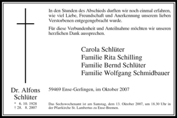 Todesanzeige von Alfons Schlüter von WESTFÄLISCHER ANZEIGER