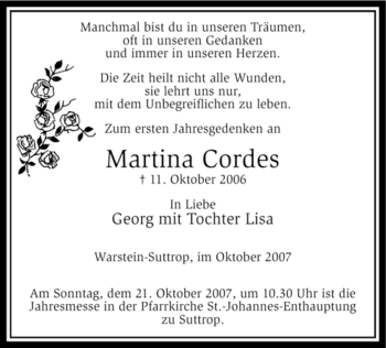 Todesanzeige von Martina Cordes von WESTFÄLISCHER ANZEIGER