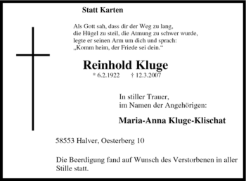 Todesanzeige von Reinhold Kluge von WESTFÄLISCHER ANZEIGER