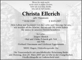 Todesanzeige von Christa Ellerich von WESTFÄLISCHER ANZEIGER