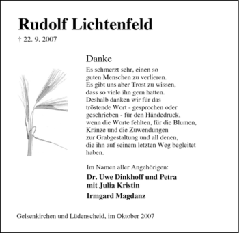 Todesanzeige von Rudolf Lichtenfeld von WESTFÄLISCHER ANZEIGER