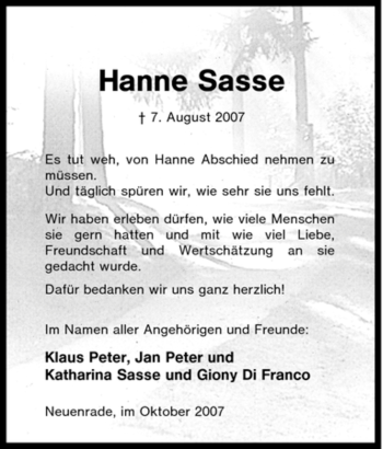 Todesanzeige von Hanne Sasse von WESTFÄLISCHER ANZEIGER