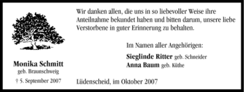 Todesanzeige von Monika Schmitt von WESTFÄLISCHER ANZEIGER