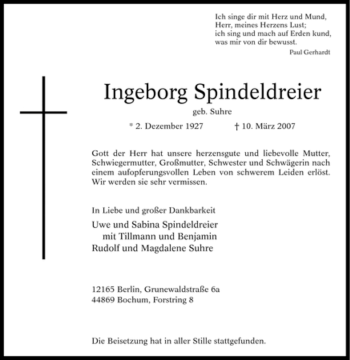 Todesanzeige von Ingeborg Spindeldreier von WESTFÄLISCHER ANZEIGER