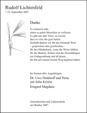 Todesanzeige von Rudolf Lichtenfeld von WESTFÄLISCHER ANZEIGER