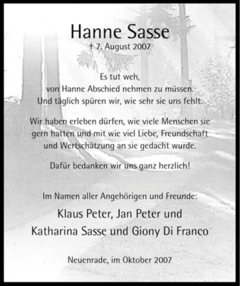 Todesanzeige von Hanne Sasse von WESTFÄLISCHER ANZEIGER