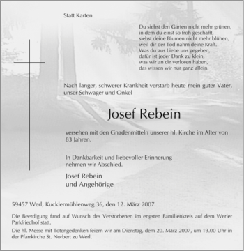 Todesanzeige von Josef Rebein von WESTFÄLISCHER ANZEIGER