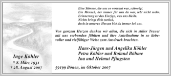 Todesanzeige von Inge Köhler von WESTFÄLISCHER ANZEIGER