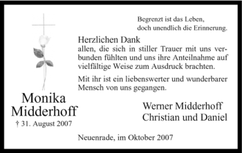 Todesanzeige von Monika Midderhoff von WESTFÄLISCHER ANZEIGER