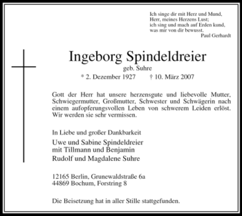 Todesanzeige von Ingeborg Spindeldreier von WESTFÄLISCHER ANZEIGER
