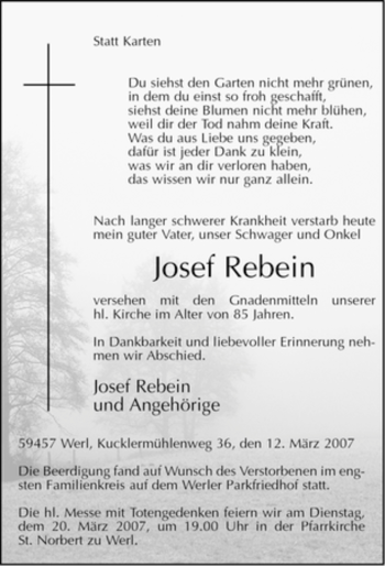 Todesanzeige von Josef Rebein von WESTFÄLISCHER ANZEIGER