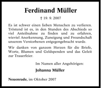 Todesanzeige von Ferdinand Müller von WESTFÄLISCHER ANZEIGER