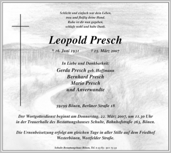 Todesanzeige von Leopold Presch von WESTFÄLISCHER ANZEIGER