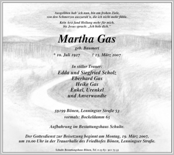 Todesanzeige von Martha Gas von WESTFÄLISCHER ANZEIGER