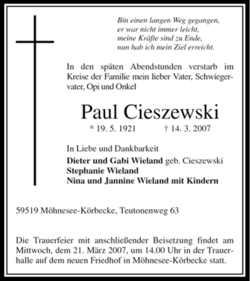 Todesanzeige von Paul Cieszewski von WESTFÄLISCHER ANZEIGER