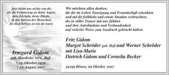 Todesanzeige von Irmgard Gidom von WESTFÄLISCHER ANZEIGER