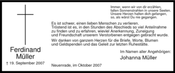 Todesanzeige von Ferdinand Müller von WESTFÄLISCHER ANZEIGER