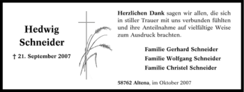 Todesanzeige von Hedwig Schneider von WESTFÄLISCHER ANZEIGER