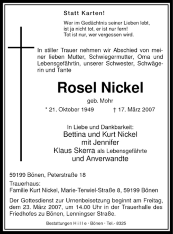 Todesanzeige von Rosel Nickel von WESTFÄLISCHER ANZEIGER