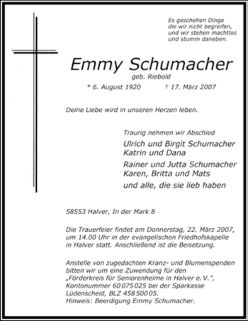Todesanzeige von Emmy Schumacher von WESTFÄLISCHER ANZEIGER