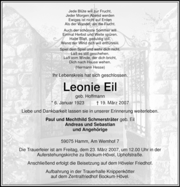 Todesanzeige von Leonie Eil von WESTFÄLISCHER ANZEIGER