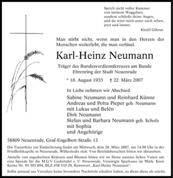 Todesanzeige von Karl-Heinz Neumann von WESTFÄLISCHER ANZEIGER