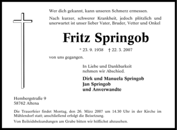 Todesanzeige von Fritz Springob von WESTFÄLISCHER ANZEIGER
