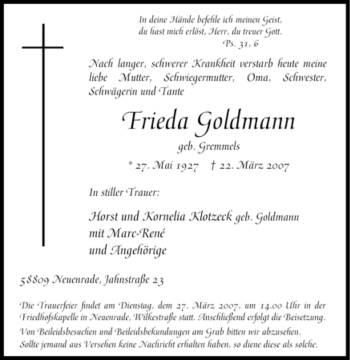 Todesanzeige von Frieda Goldmann von WESTFÄLISCHER ANZEIGER