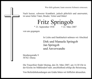 Todesanzeige von Fritz Springob von WESTFÄLISCHER ANZEIGER