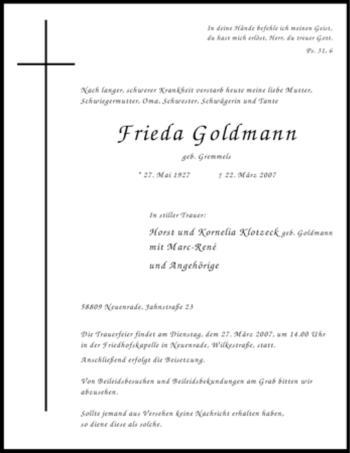 Todesanzeige von Frieda Goldmann von WESTFÄLISCHER ANZEIGER
