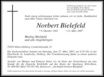 Todesanzeige von Norbert Bielefeld von WESTFÄLISCHER ANZEIGER