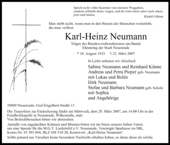Todesanzeige von Karl-Heinz Neumann von WESTFÄLISCHER ANZEIGER