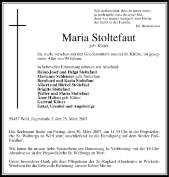Todesanzeige von Maria Stoltefaut von WESTFÄLISCHER ANZEIGER