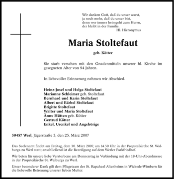 Todesanzeige von Maria Stoltefaut von WESTFÄLISCHER ANZEIGER