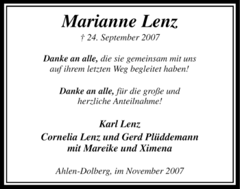 Todesanzeige von Marianne Lenz von WESTFÄLISCHER ANZEIGER