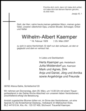 Todesanzeige von Wilhelm-Albert Kaemper von WESTFÄLISCHER ANZEIGER