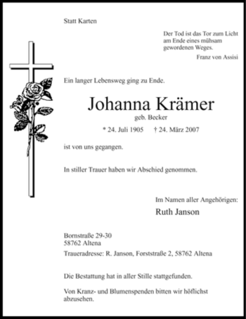 Todesanzeige von Johanna Krämer von WESTFÄLISCHER ANZEIGER